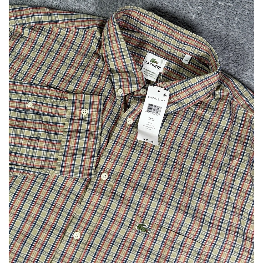 NWT Lacoste Button Down Shirt Mens Size 3XLT Tall Multicolor Plaid Cotton $115